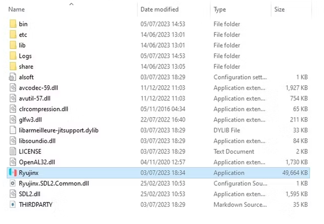 Contenuto della directory di sistema e file eseguibile di Ryujinx