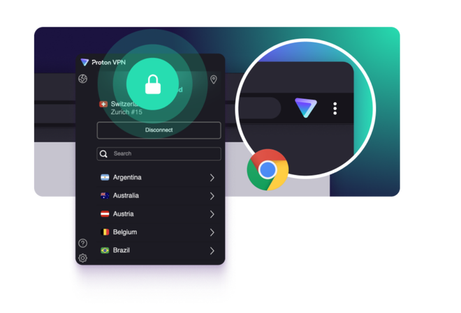 Schermata dell’estensione Proton VPN gratuita attiva sul browser Google Chrome