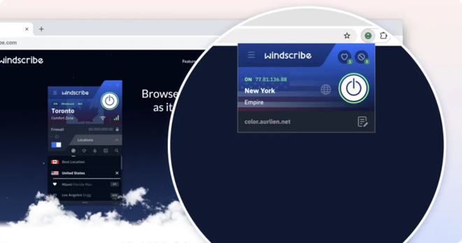 Interfaccia dell’estensione VPN Windscribe installata su Google Chrome
