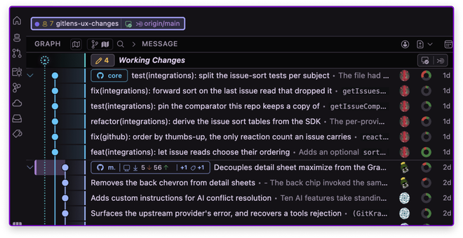Commit Graph di GitLens in Visual Studio Code con la cronologia dei commit e dei rami