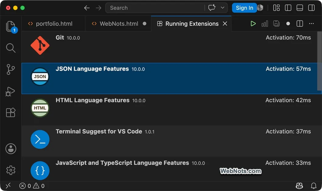 Elenco Running Extensions di VS Code con il tempo di attivazione di ogni estensione