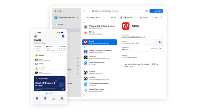 Interfaccia di 1Password con le casseforti separate elencate a sinistra e una credenziale aperta a destra