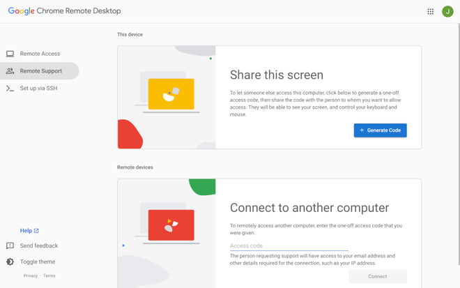 Pagina Assistenza remota di Chrome Remote Desktop con le opzioni per condividere lo schermo o collegarsi con un codice