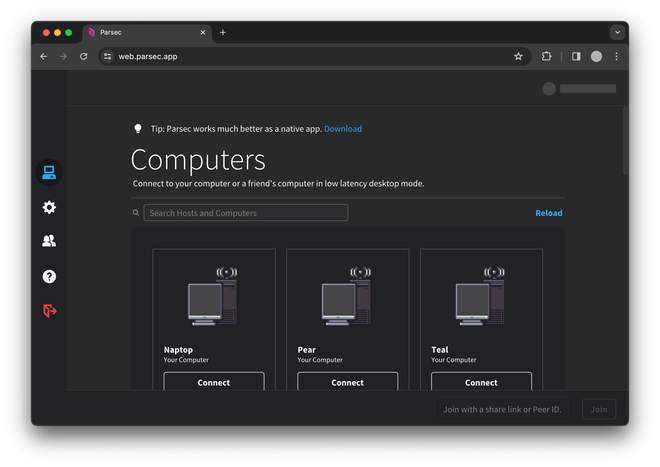 Interfaccia di Parsec con l’elenco dei computer disponibili a cui collegarsi
