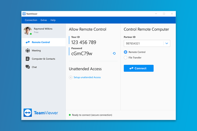 Schermata di connessione di TeamViewer con identificativo e password della sessione