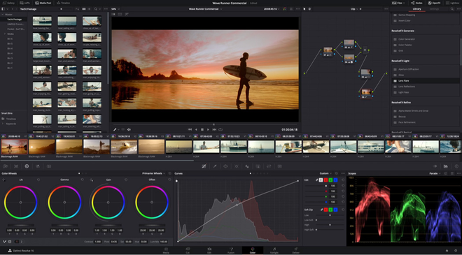 Pagina di correzione colore di DaVinci Resolve con le ruote cromatiche e lo scopo sotto l’anteprima
