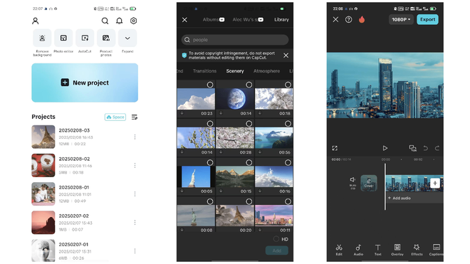 Tre schermate dell’app CapCut per smartphone: elenco dei progetti, libreria delle clip ed editor