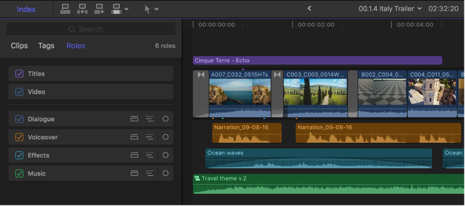 Timeline magnetica di Final Cut Pro con le clip agganciate e nessuno spazio vuoto fra loro