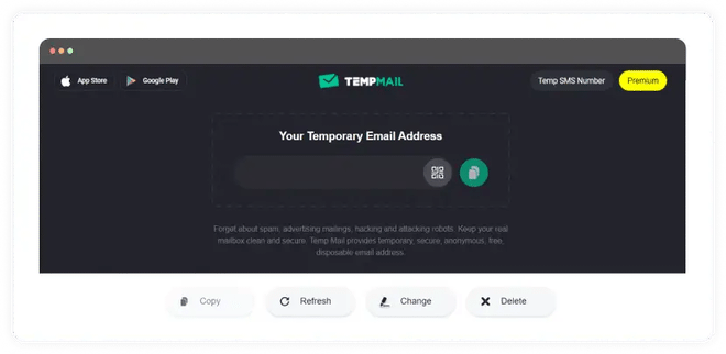 Schermata del servizio Temp Mail per la creazione di email temporanee