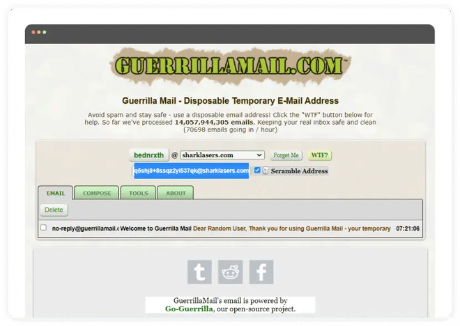 Interfaccia di Guerrilla Mail per la gestione di email usa e getta