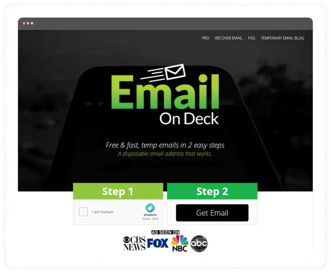Homepage del generatore di indirizzi email anonimi EmailOnDeck