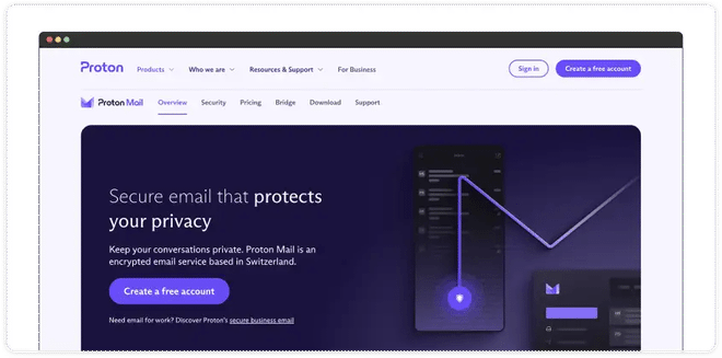 Pannello di controllo di ProtonMail con funzioni di crittografia avanzata