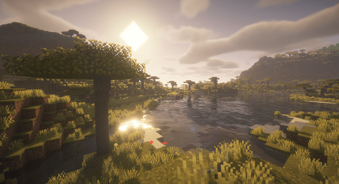 Scena di Minecraft con luce calda e nuvole volumetriche generate dai BSL Shaders
