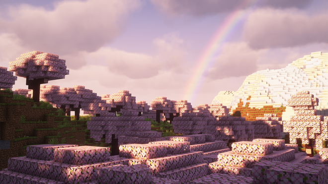 Paesaggio di Minecraft con ombre nitide e luce equilibrata reso dai Complementary Shaders