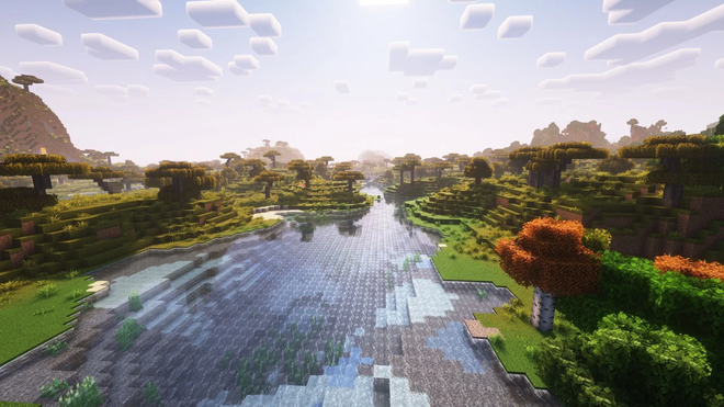 Paesaggio di Minecraft con uno shader attivo: luci, ombre e riflessi sull’acqua