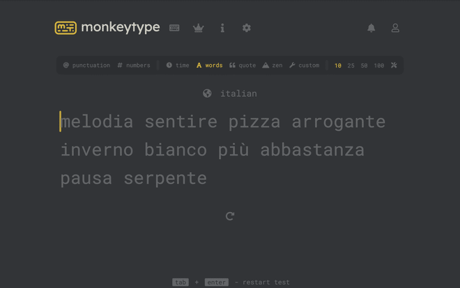 Interfaccia del sito Monkeytype per il test di velocità di digitazione e calcolo WPM