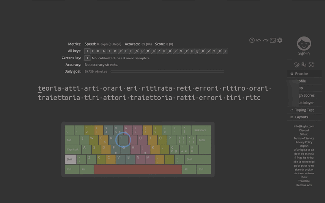 Schermata di Keybr, strumento avanzato per imparare a scrivere alla cieca