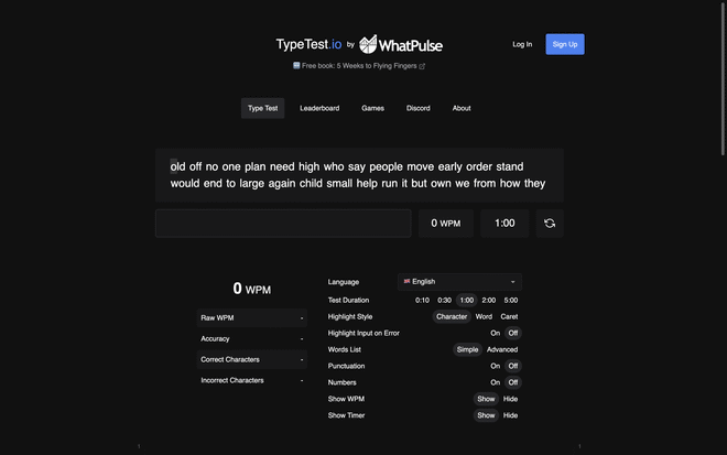 Homepage di TypeTest.io per monitorare rapidamente le WPM e la precisione