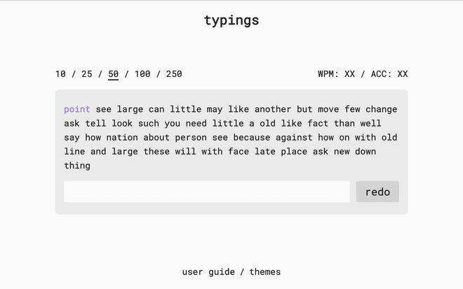 Esercizio di battitura su Typings.gg con tema personalizzato
