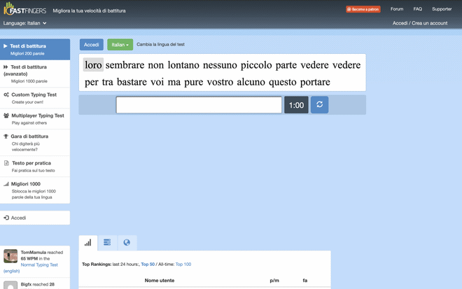 Classico test di dattilografia di un minuto sulla piattaforma 10FastFingers