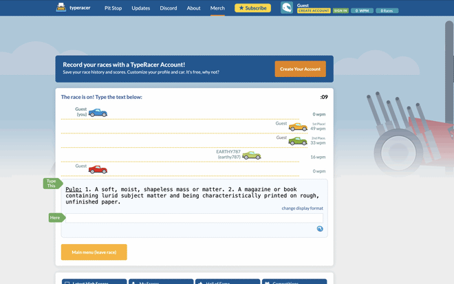 Gara di digitazione automobilistica sulla piattaforma interattiva TypeRacer