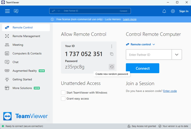 Schermata di connessione del software TeamViewer per teleassistenza
