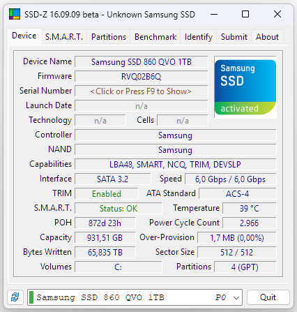 Schermata del tool SSD-Z con le specifiche tecniche e il controller dell’unità a stato solido