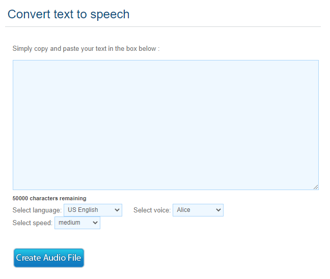 Pagina di conversione testo in audio di FromTextToSpeech