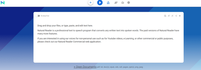 Pannello di controllo del software NaturalReader