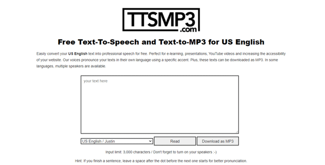 Interfaccia di ttsMP3 con opzioni di selezione lingua