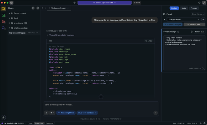 Programma per modelli locali con un modello scaricato e la conversazione aperta accanto