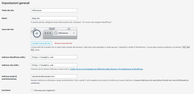 Pagina Impostazioni Generali di WordPress con i campi indirizzo WordPress e indirizzo del sito