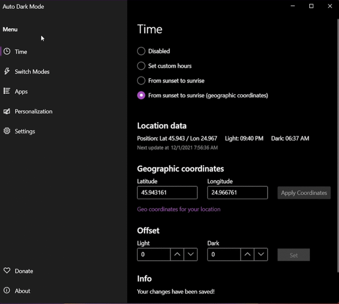 Schermata delle impostazioni dell’ora in Auto Dark Mode per Windows 11