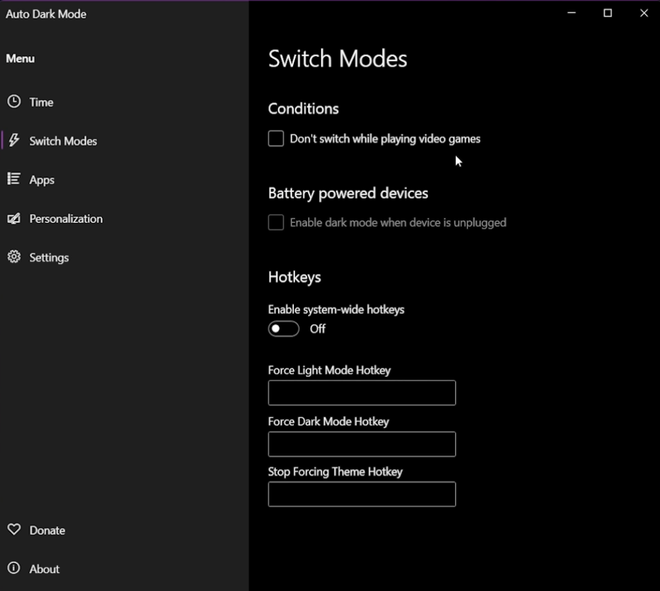Opzioni di cambio modalità e risparmio batteria in Auto Dark Mode
