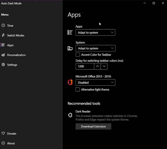 Impostazioni delle applicazioni e integrazione estensione Dark Reader in Windows 11