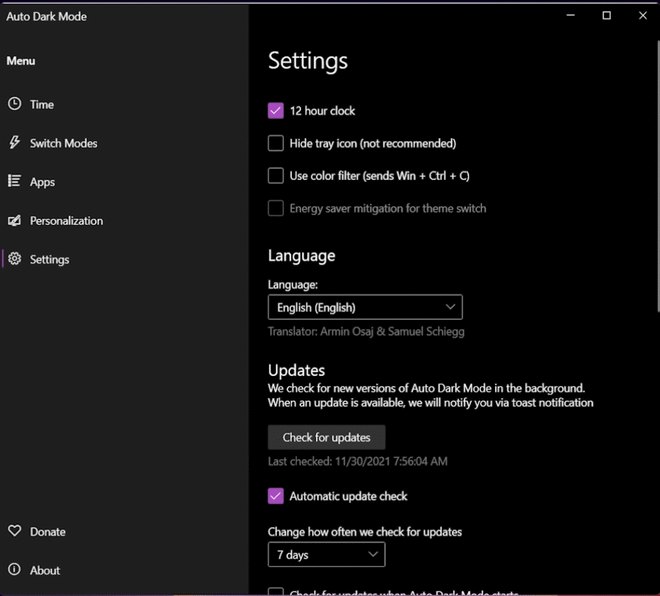 Impostazioni generali e avvio automatico di Auto Dark Mode