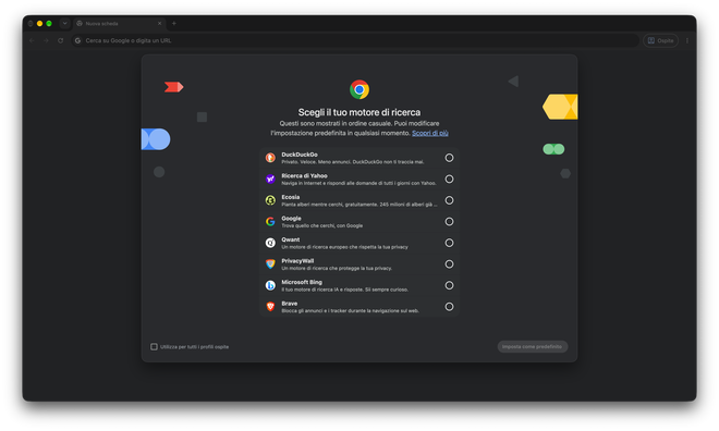 Impostazioni di un browser aperte sulla voce Motore di ricerca con l’elenco delle alternative disponibili