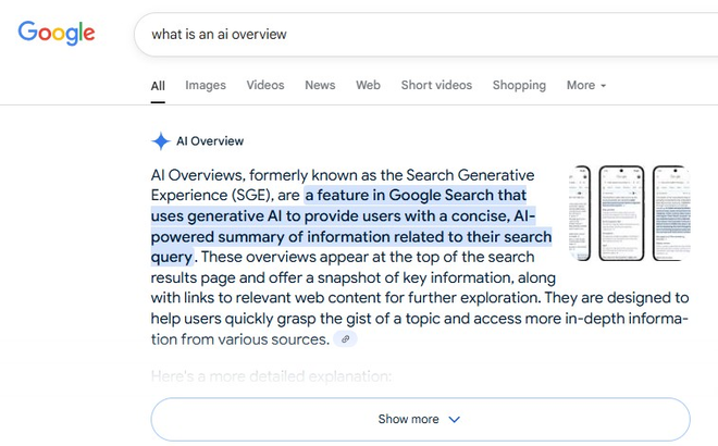 Illustrazione della pagina dei risultati di Google con il riquadro AI Overview in cima