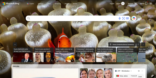 Homepage del motore di ricerca Microsoft Bing con barra di ricerca e sfondo visivo