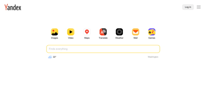 Interfaccia principale e risultati di ricerca sul motore russo Yandex