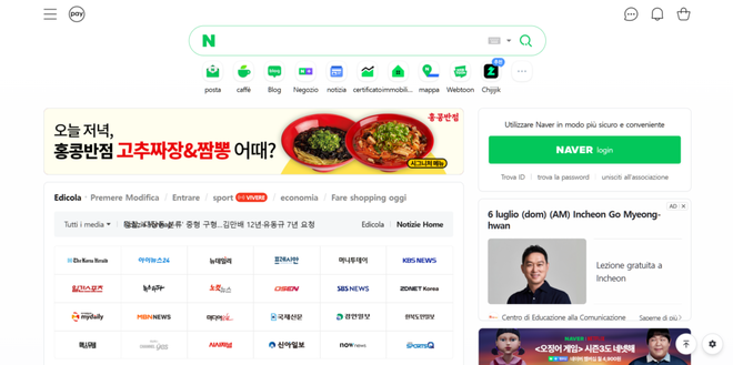 Homepage di Naver, il principale motore di ricerca aggregato in Corea del Sud