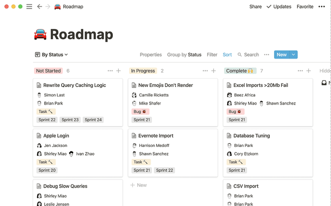 Interfaccia di Notion con visualizzazione a database e gestione progetti