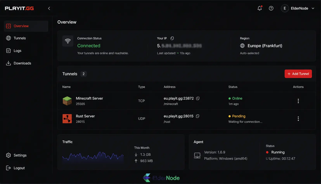 Pannello web di playit.gg con due tunnel, lo stato della connessione e l’indirizzo pubblico