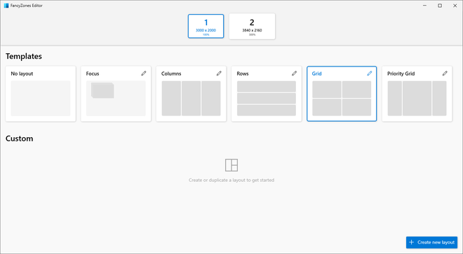 Editor dei layout di FancyZones con i modelli di griglia disponibili su Windows 11