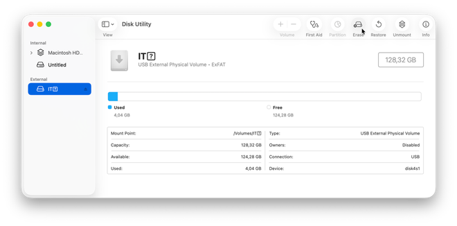 Utility Disco di macOS con una chiavetta USB esterna in formato ExFAT selezionata nella barra laterale