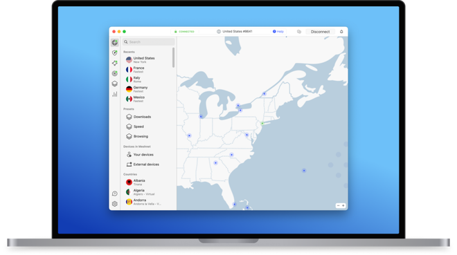 Schermata dell’applicazione NordVPN che mostra l’interfaccia a mappa e le funzionalità di connessione rapida