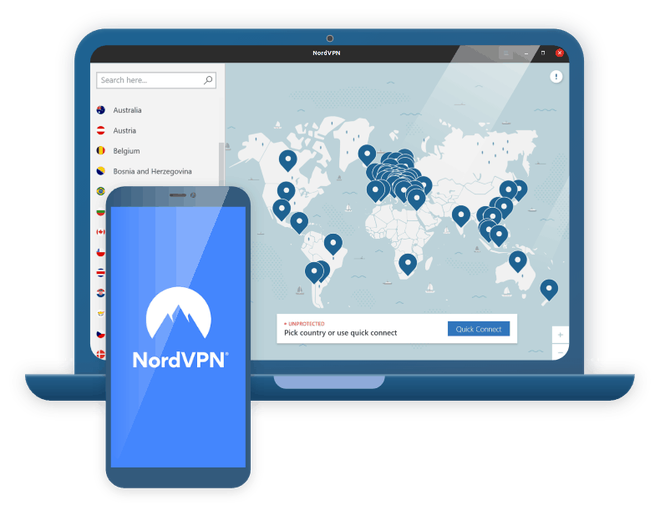Applicazione di NordVPN con la mappa dei paesi e il pulsante di connessione rapida