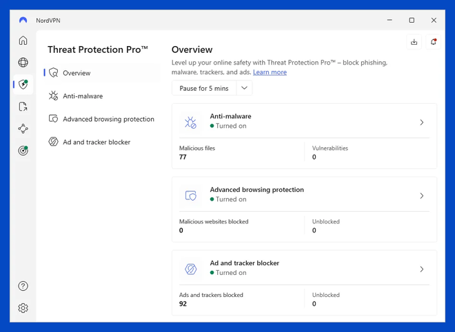 Schermata Threat Protection Pro dell’app NordVPN con le protezioni da malware, tracciamento e pubblicità