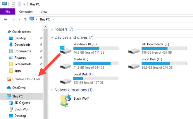 Visualizzazione della cartella Creative Cloud Files nella barra laterale di Esplora File su Windows 11