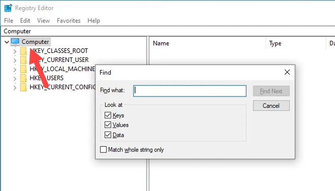 Apertura dello strumento Trova nell’Editor del Registro di sistema su Windows 11
